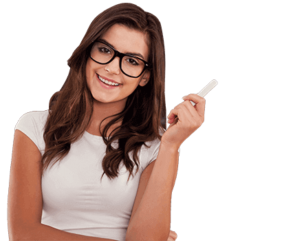 A smiling Caucasian woman in square glasses holding a piece of chalk and pointing at a blackboard. There are symbols on the blackboard written in chalk. Symbols are: bell, paper plane, glasses, A+ grade in a circle, briefcase, apple, a paper with an A+ on it, another paper plane.